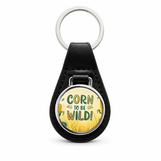 Corn To Be Wild Funny Black Leather Metal Keychain
