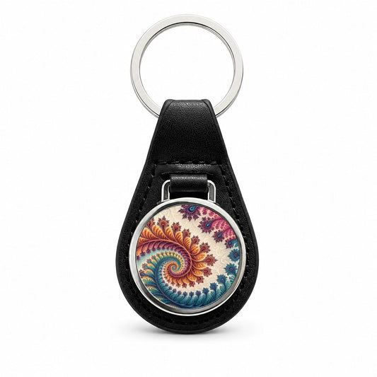 Crazy Swirl Fractal Art Pattern Black Leather Metal Keychain