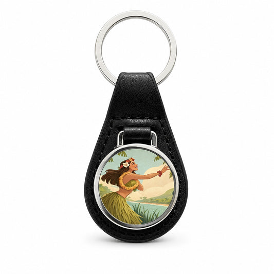 Dancing Hawaiian Hula Girl in Grass Skirt Black Leather Metal Keychain