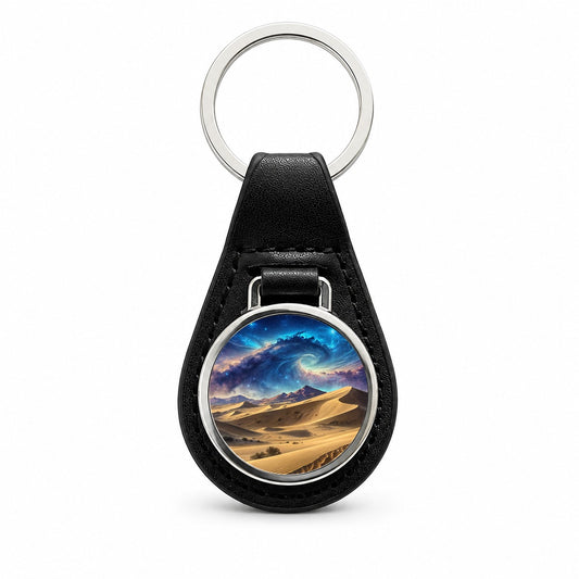 Desert Sand Dunes Under Blue Nebula Sci-Fi Black Leather Metal Keychain