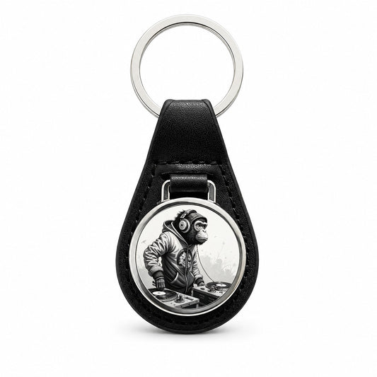 DJ Monkey with Headphones B&W Black Leather Metal Keychain