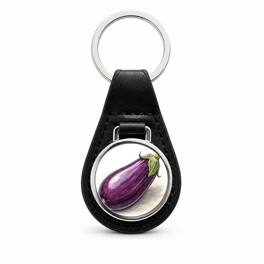 Eggplant Illustration Black Leather Metal Keychain