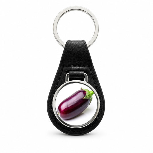 Eggplant Vegetable Photo Black Leather Metal Keychain