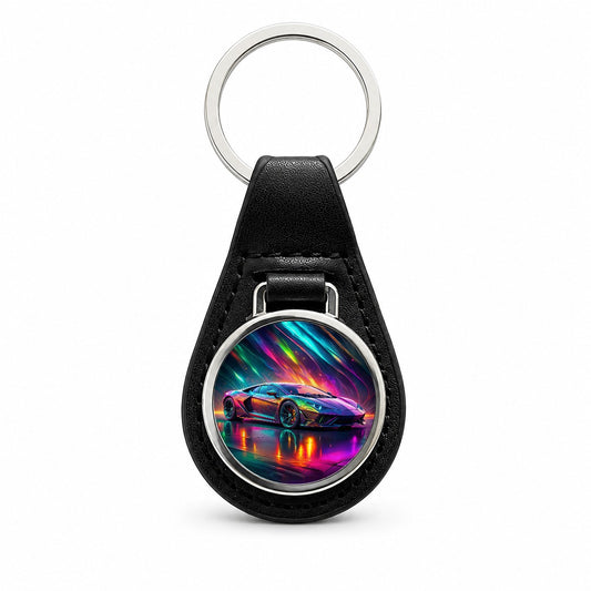 Exotic Super Car Graffiti Style Black Leather Metal Keychain