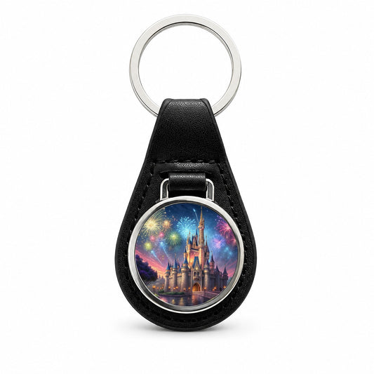 Fantasy Kingdom Castle Fireworks at Night Black Leather Metal Keychain