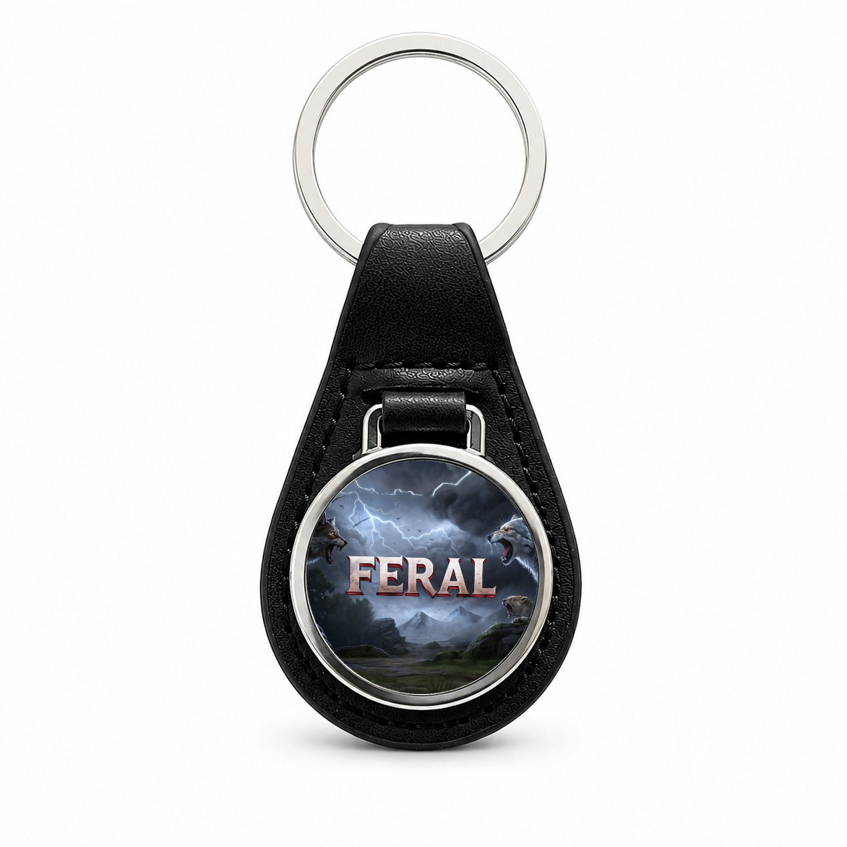 Feral Vicious Wolves Funny Black Leather Metal Keychain