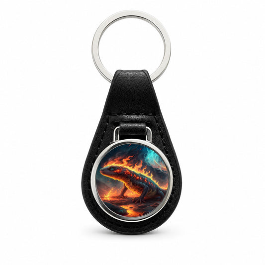Flaming Fantasy Salamander at Night Black Leather Metal Keychain