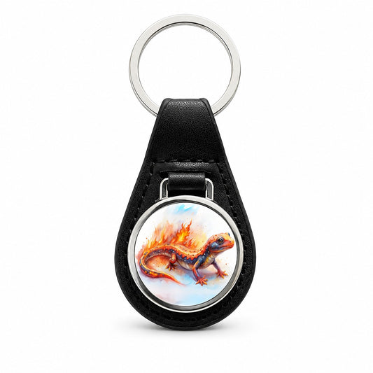 Flaming Fantasy Salamander Watercolor Black Leather Metal Keychain