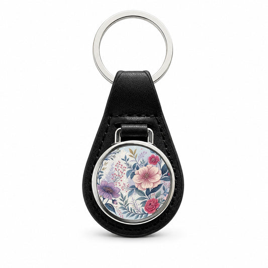Flower Floral Pink Purple Pattern Black Leather Metal Keychain