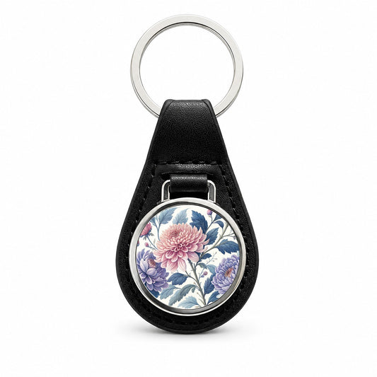 Flowers Pink Blue Purple Pattern Black Leather Metal Keychain