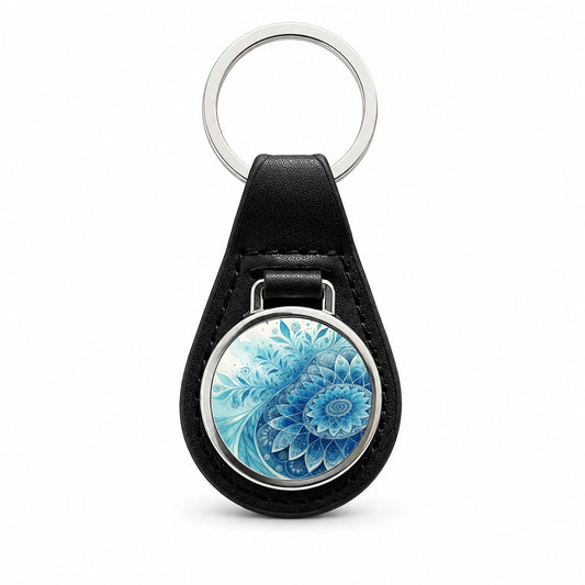 Fractal Art Blue Flower Pattern Watercolor Style Black Leather Metal Keychain