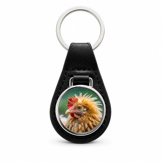 Frizzle Chicken Photo Black Leather Metal Keychain