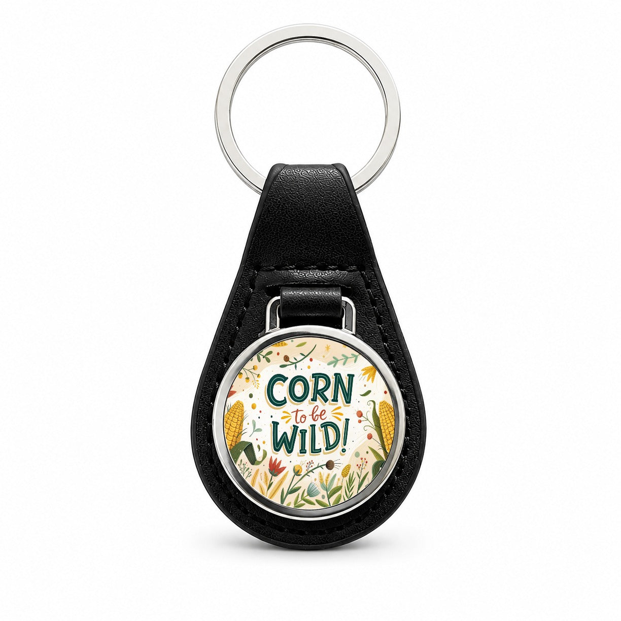 Funny Corn To Be Wild Black Leather Metal Keychain