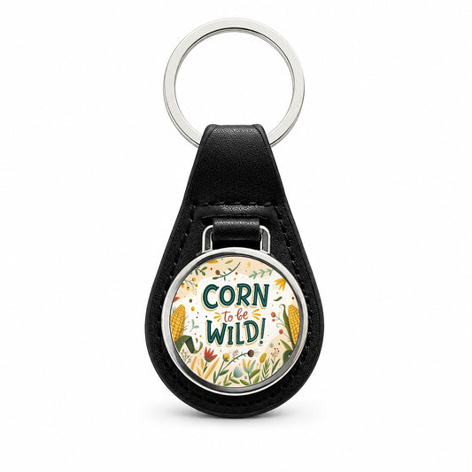 Funny Corn To Be Wild Black Leather Metal Keychain