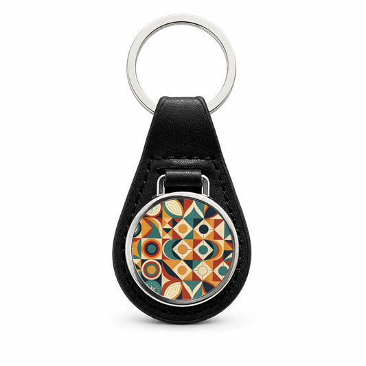 Geometric Retro Design Pattern Black Leather Metal Keychain