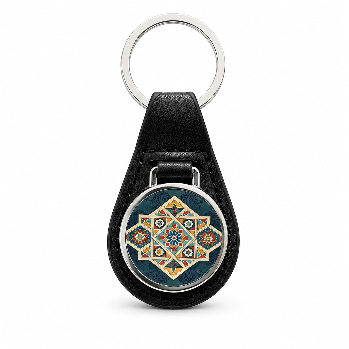 Geometric Retro Vintage Pattern Black Leather Metal Keychain
