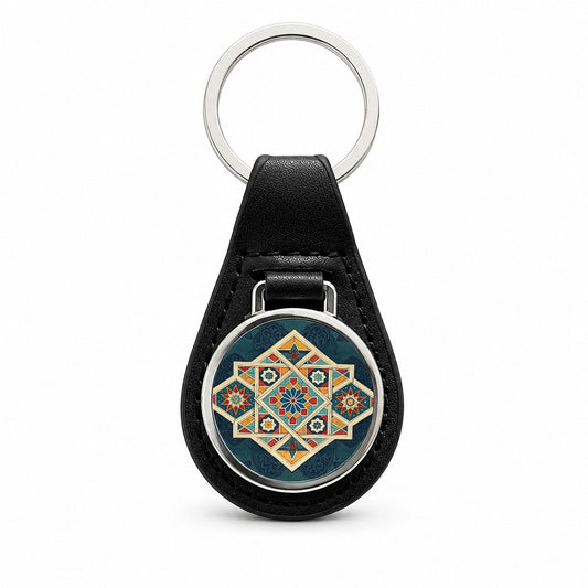 Geometric Retro Vintage Pattern Black Leather Metal Keychain