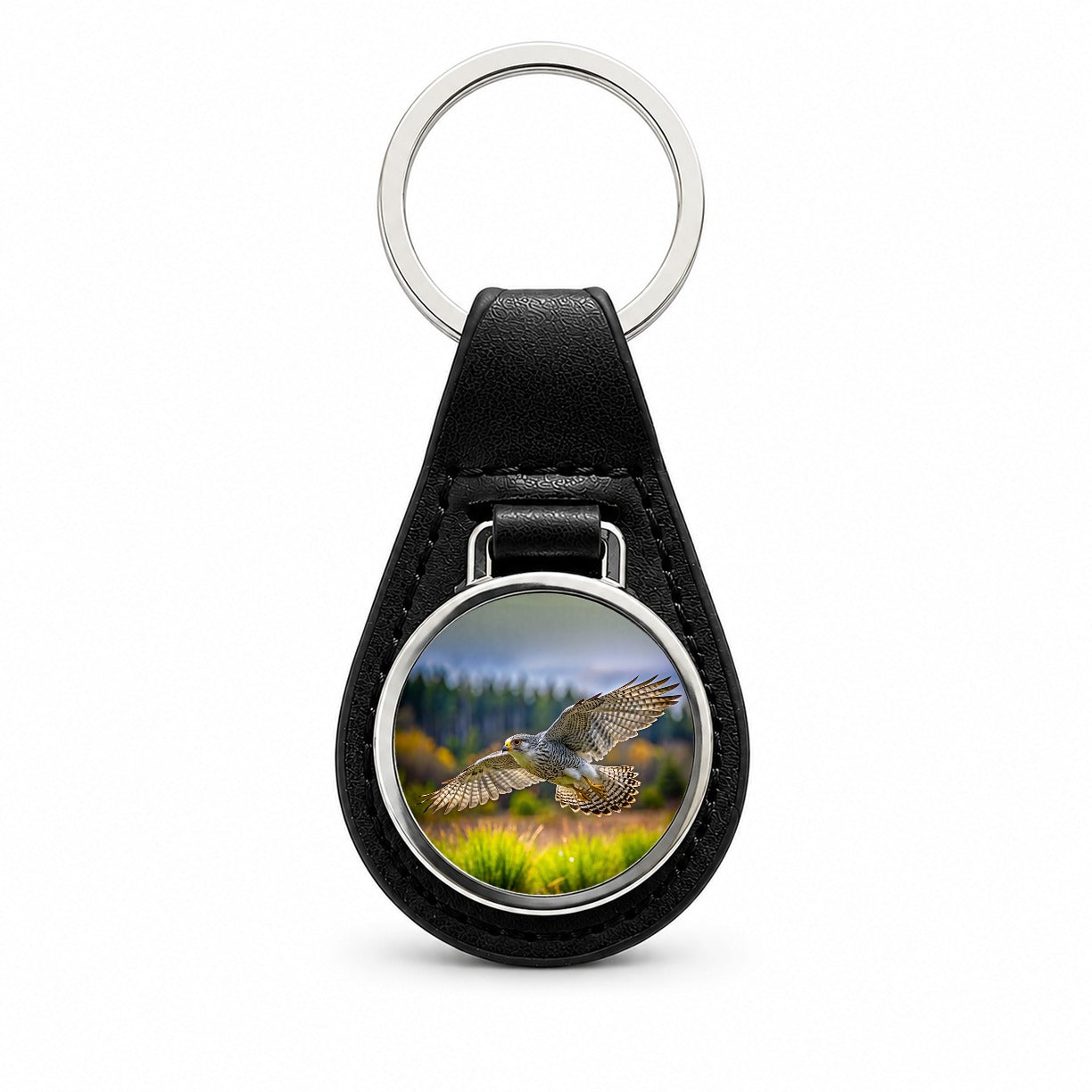 Gyrfalcon Raptor in Flight Black Leather Metal Keychain