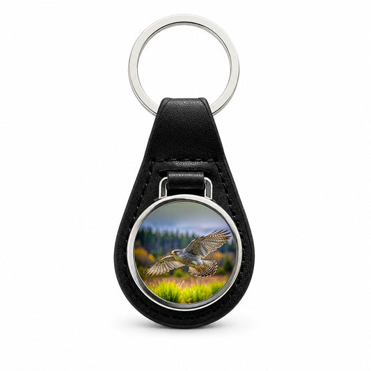 Gyrfalcon Raptor in Flight Black Leather Metal Keychain
