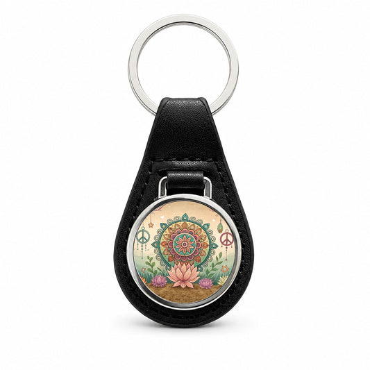 Hippie Yoga Peace Mandala Flower Black Leather Metal Keychain