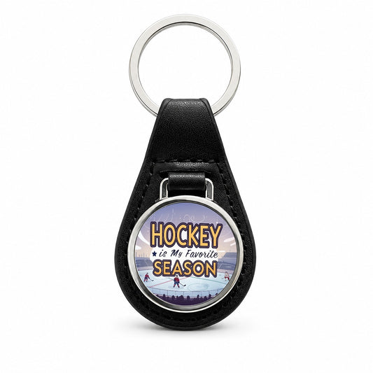 Hockey is My Favorite Season Funny Black Leather Metal Keychain