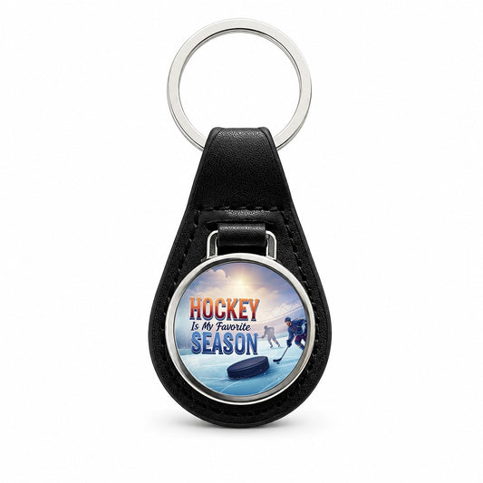 Hockey is My Favorite Season Ice Skate Black Leather Metal Keychain