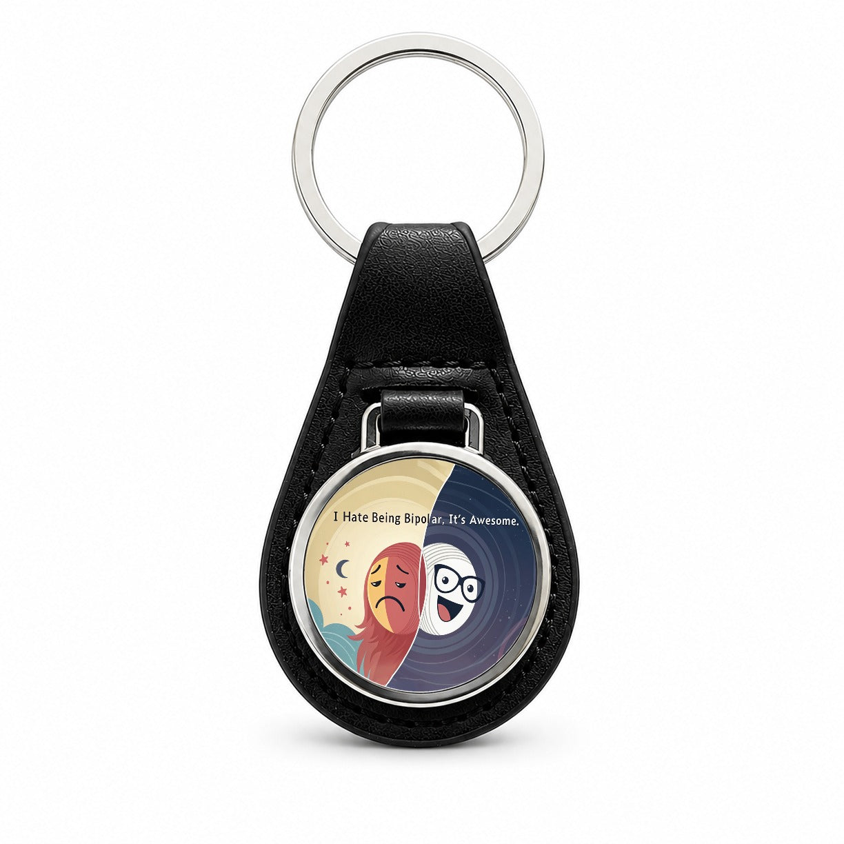 I Hate Being Bipolar It's Awesome Funny Black Leather Metal Keychain