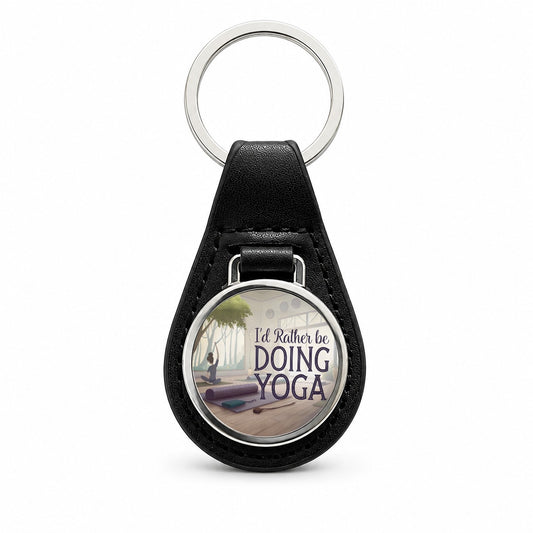 I'd Rather Be Doing Yoga Black Leather Metal Keychain