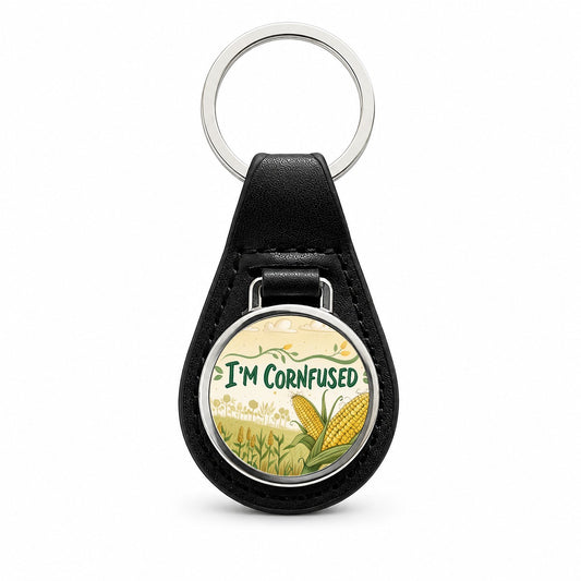I'm Cornfused Funny Confused Black Leather Metal Keychain