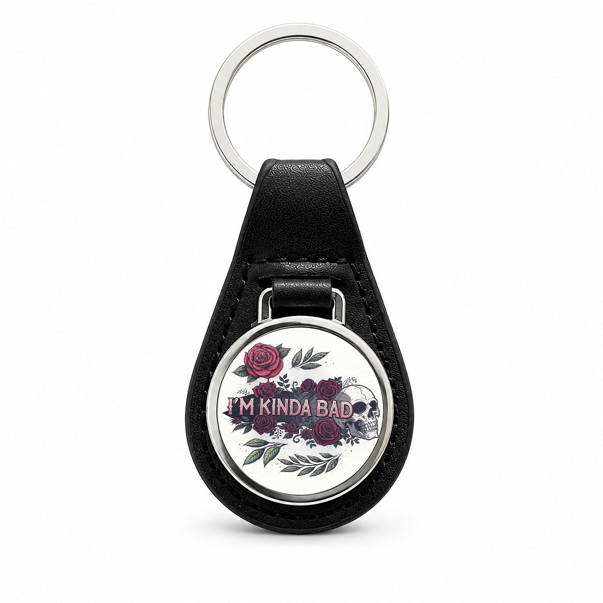 I'm Kinda Bad Funny Skull Roses Black Leather Metal Keychain