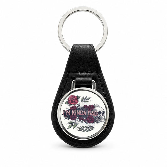 I'm Kinda Bad Funny Skull Roses Black Leather Metal Keychain