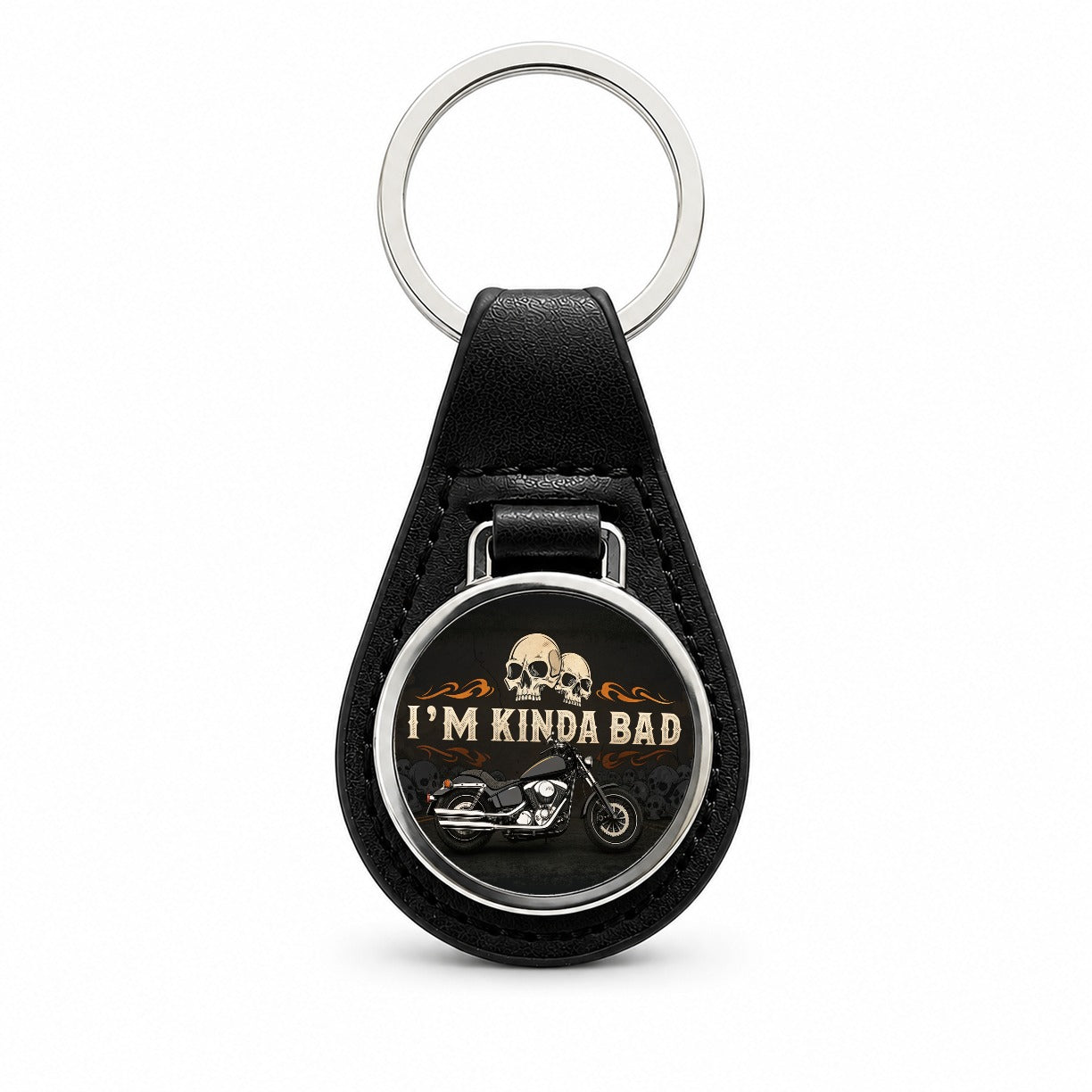 I'm Kinda Bad Motorcycle Skulls Black Leather Metal Keychain