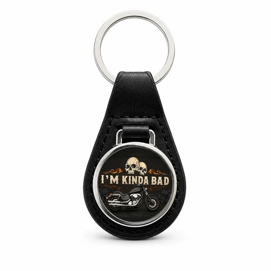 I'm Kinda Bad Motorcycle Skulls Black Leather Metal Keychain
