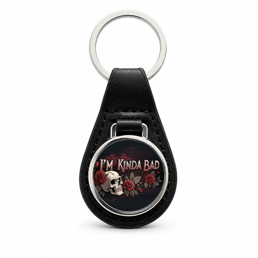 I'm Kinda Bad Skull Red Roses Black Leather Metal Keychain