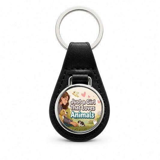 Just A Girl That Loves Animals Black Leather Metal Keychain