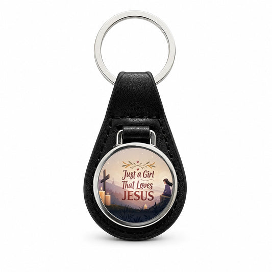 Just A Girl That Loves Jesus Inspirational Black Leather Metal Keychain