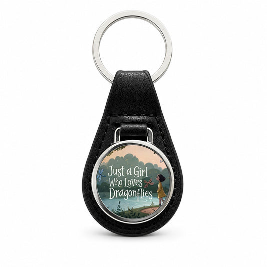 Just A Girl Who Loves Dragonflies Black Leather Metal Keychain