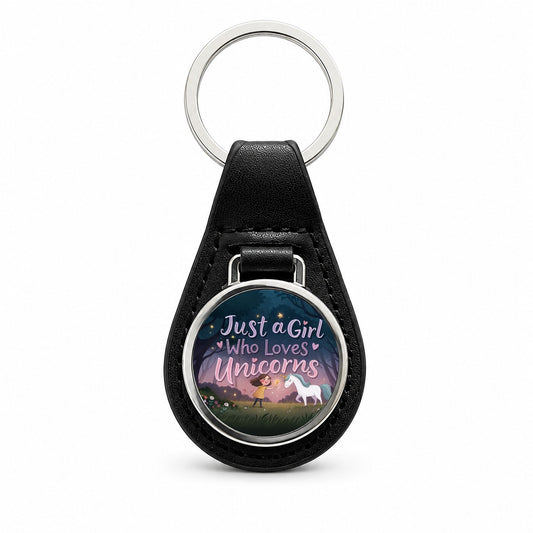 Just A Girl Who Loves Unicorns Cute Fantasy Black Leather Metal Keychain