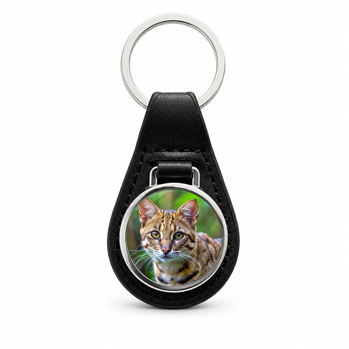 Kodkod Wild Cat Photo Black Leather Metal Keychain