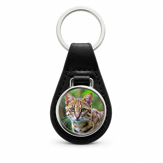 Kodkod Wild Cat Photo Black Leather Metal Keychain
