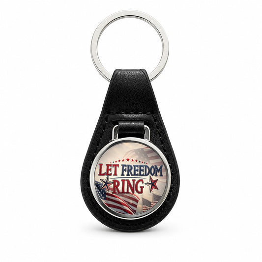 Let Freedom Ring Patriotic American Flag Black Leather Metal Keychain