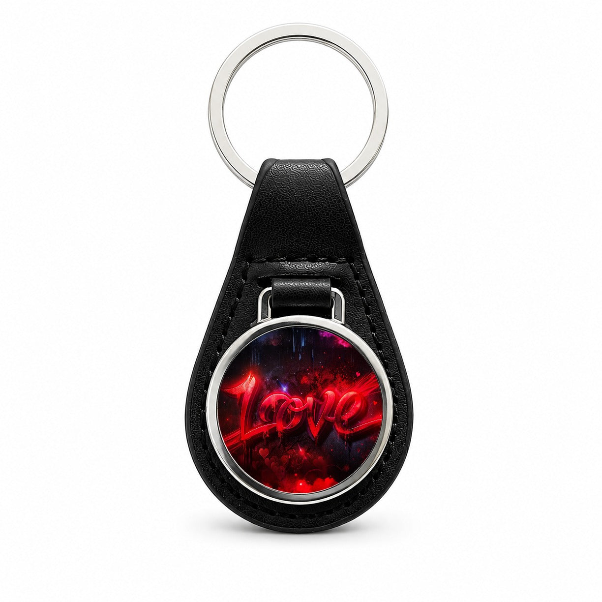 Love Red Graffiti Style Black Leather Metal Keychain