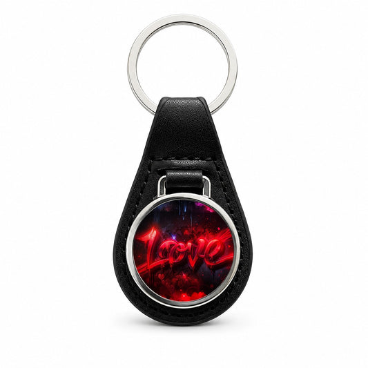 Love Red Graffiti Style Black Leather Metal Keychain