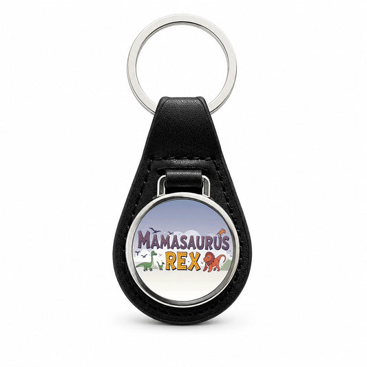 Mamasaurus Rex Funny Mama Dinosaurs Black Leather Metal Keychain