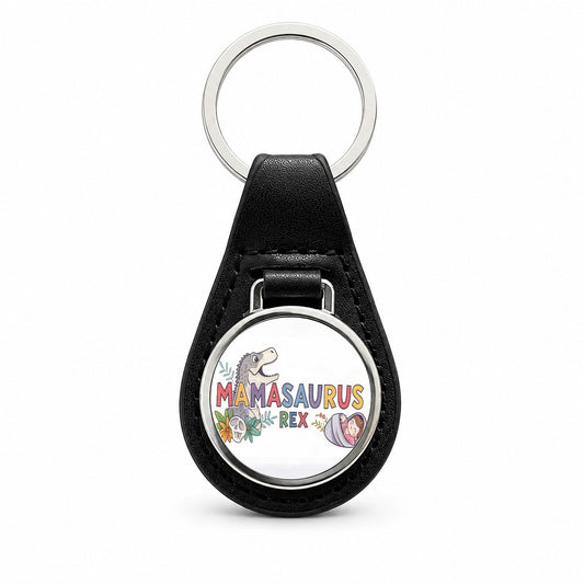 Mamasaurus Rex Mama Dinosaur Black Leather Metal Keychain