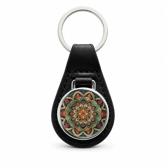Mandala Colorful Floral Pattern Black Leather Metal Keychain