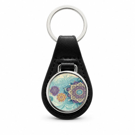Mandalas Blue Purple Floral Pattern Black Leather Metal Keychain