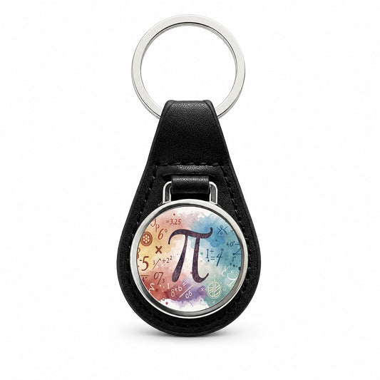 Math Numbers Symbols Pi Artistic Watercolor Black Leather Metal Keychain