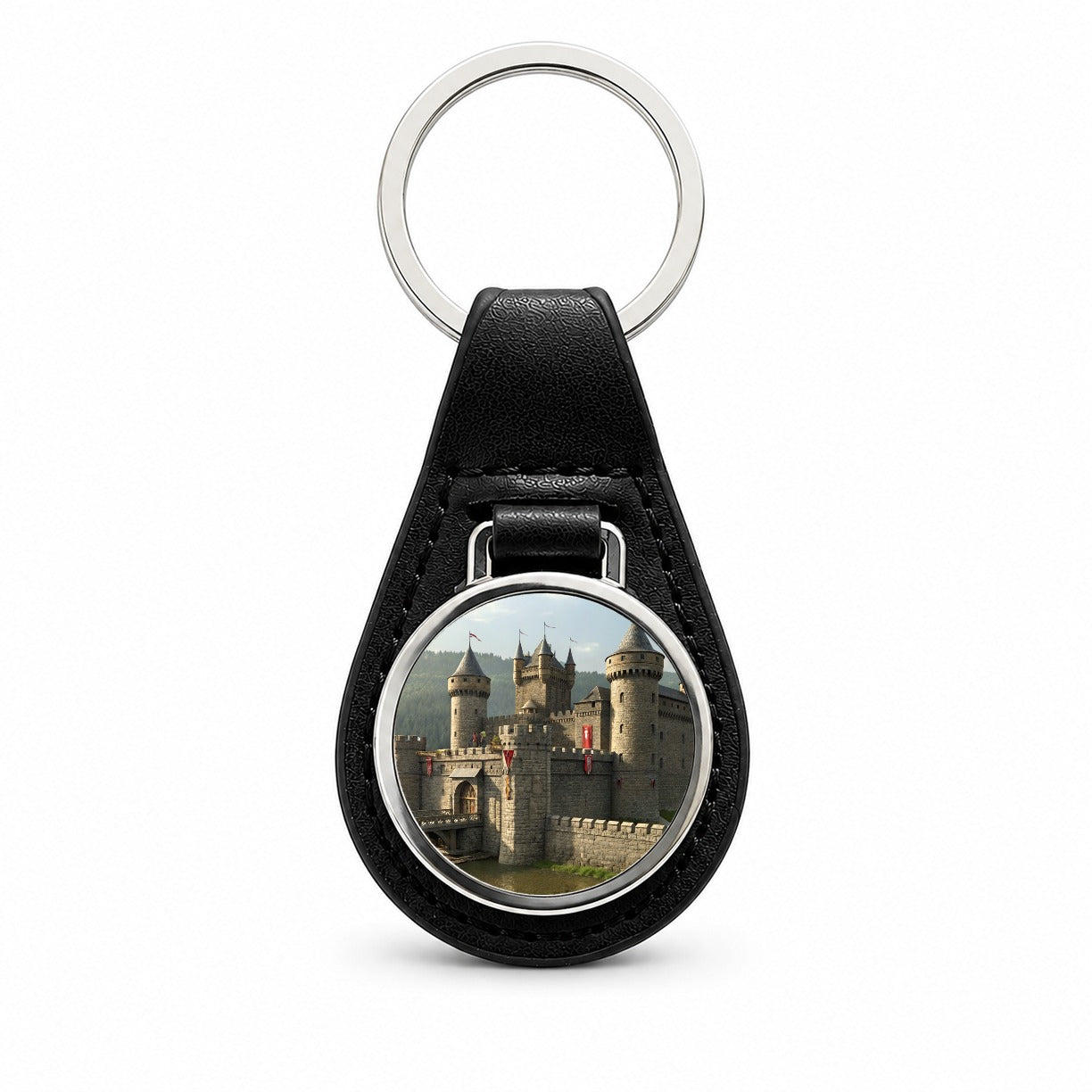 Medieval Castle with Moat Black Leather Metal Keychain