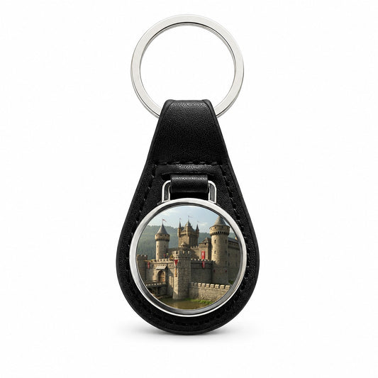 Medieval Castle with Moat Black Leather Metal Keychain